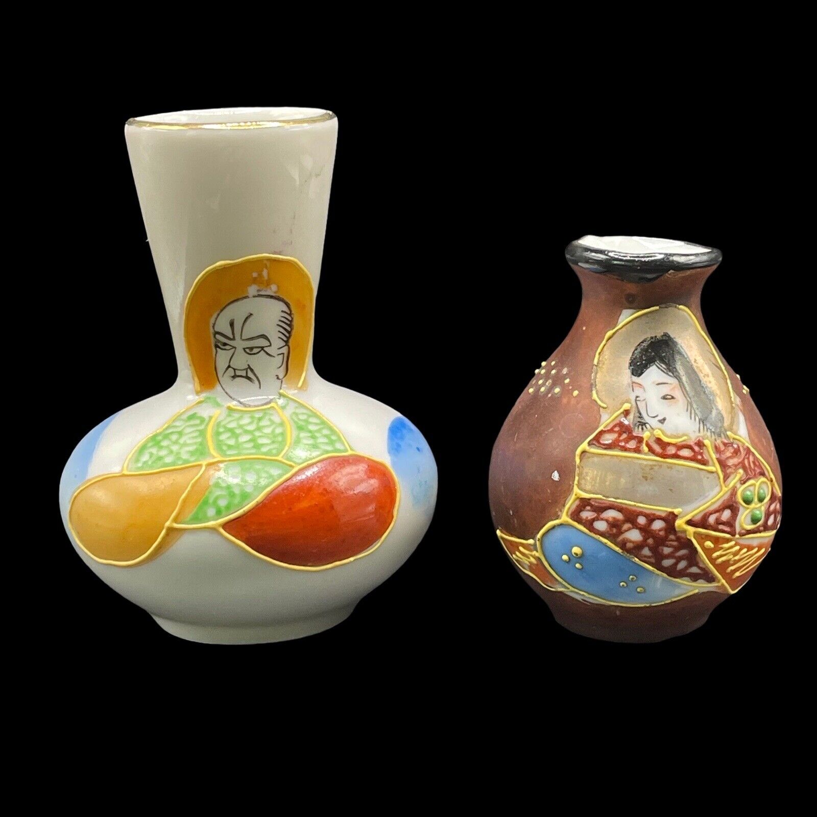 Vintage Satsuma Style Miniature Moriage Vases Immortals Two Pc Made In Japan