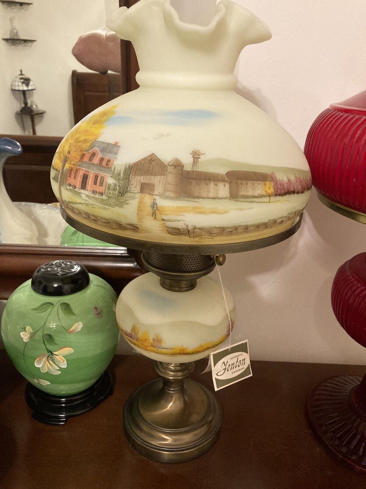 Vin. 1980\'s Fenton Hand Painted Custard Satin Table Lamp / With Tags / Down Home