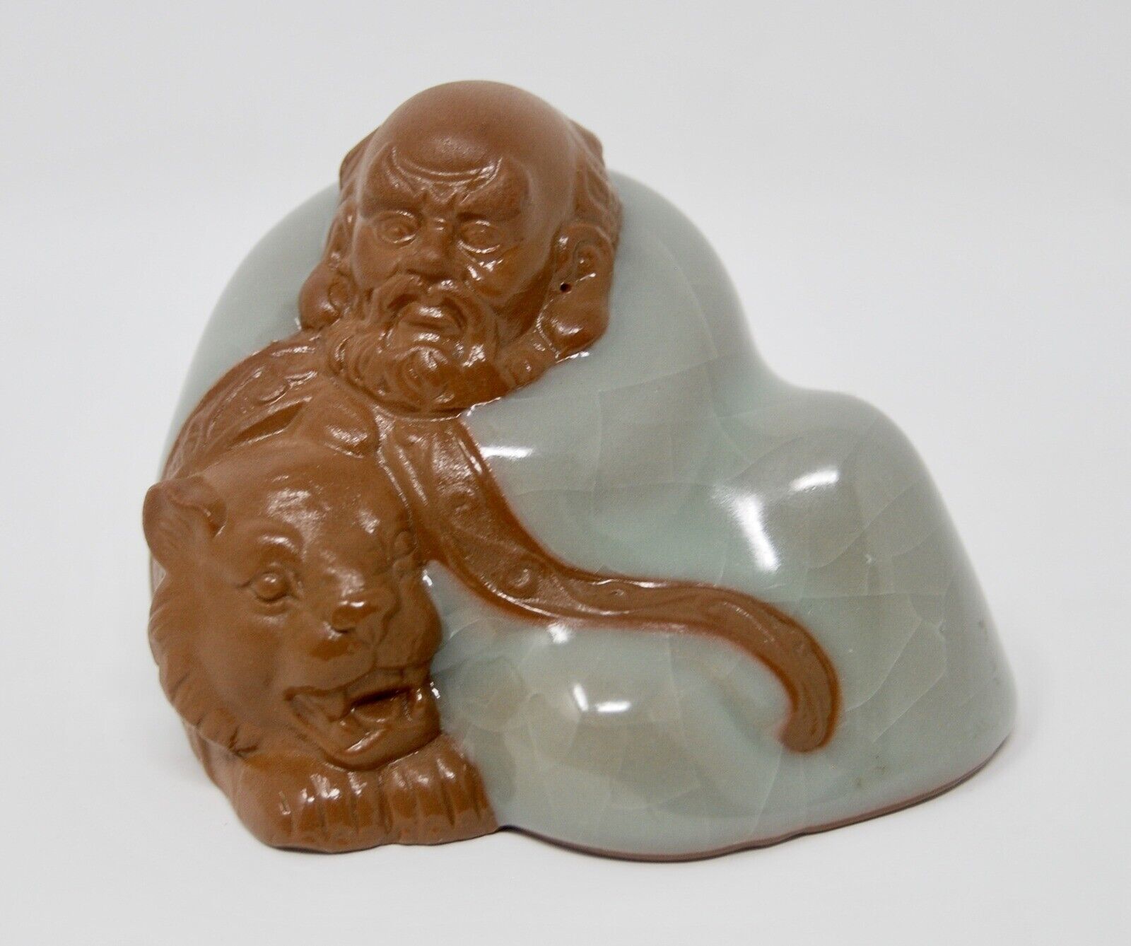 Vintage Chinese Clay Mud Old Man Paperweight Tiger Celadon Zhang Daoling Figure