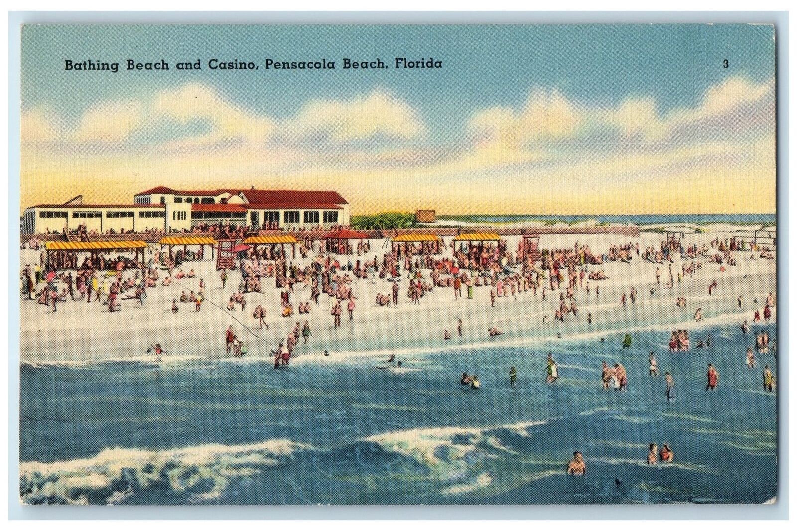 c1940\'s Bathing Beach & Casino Restaurant Crowd Pensacola Beach Florida Postcard