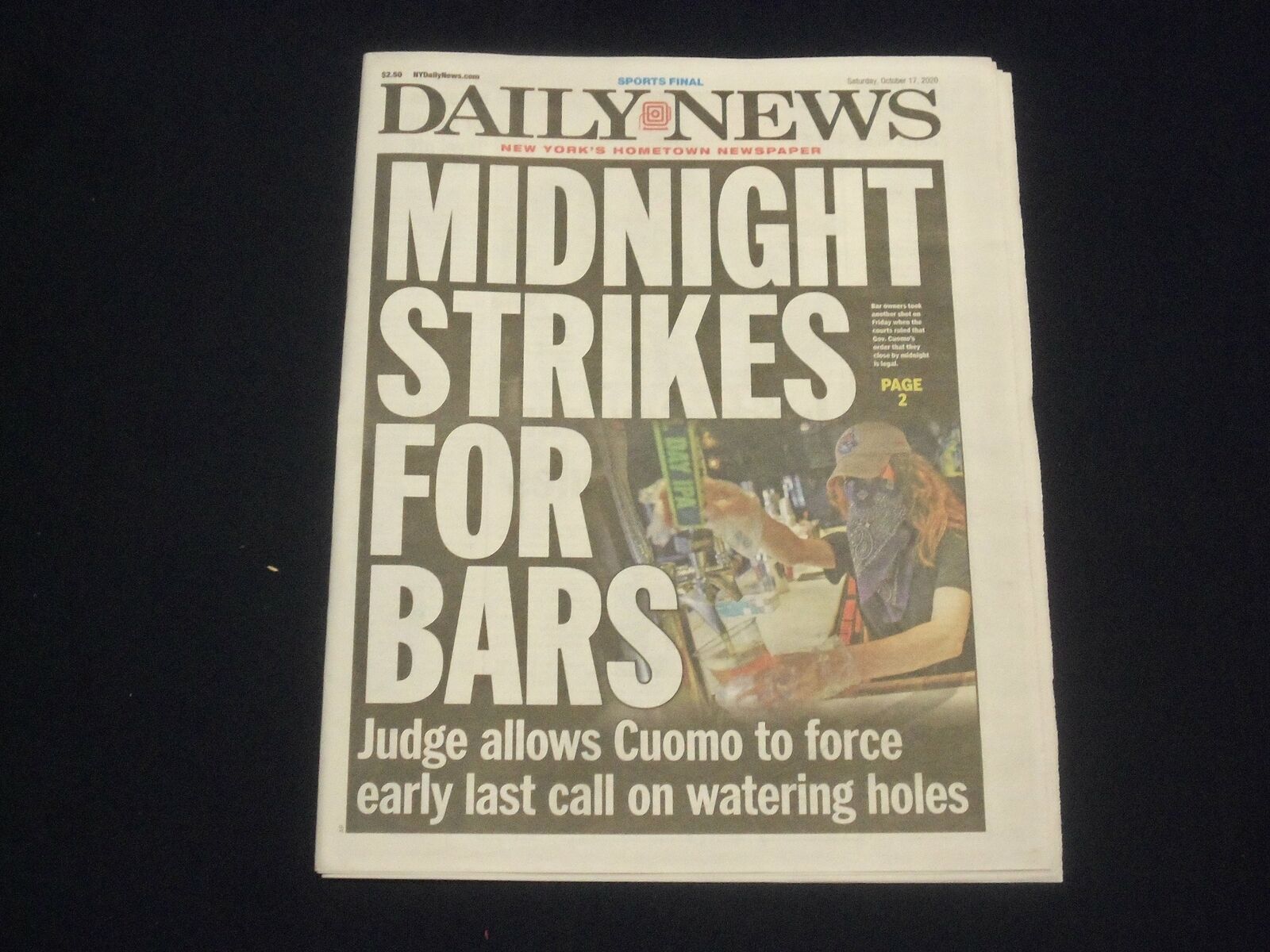 2020 OCT 17 NEW YORK DAILY NEWS NEWSPAPER-JUDGE ALLOWS CUOMO TO CLOSE BARS EARLY
