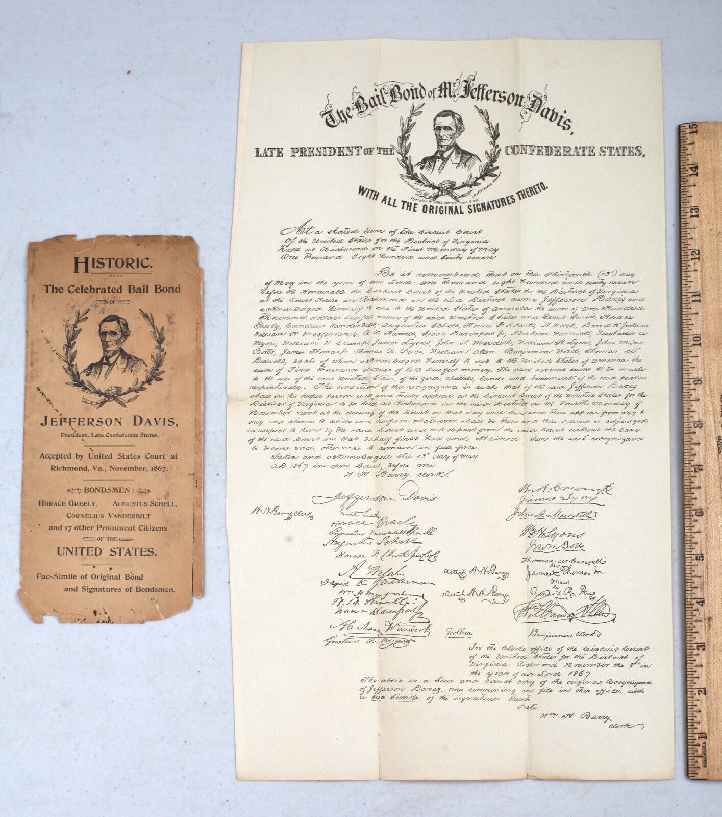 Vintage Facsimile of the 1876 Bail Bond of Jefferson Davis at Richmond Virgina