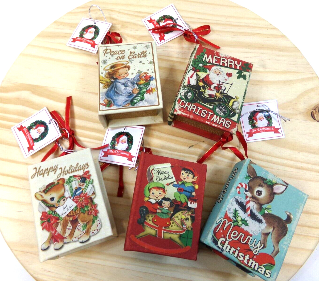 Mr Christmas Little Books Wind Up Music Box Ornaments with Tags Lot of 5