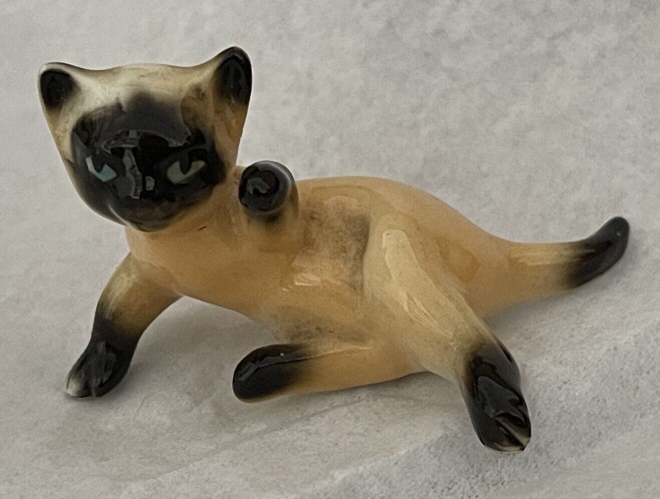 Mini Ceramic Siamese Cat Figurine Reaching w/ One Paw 