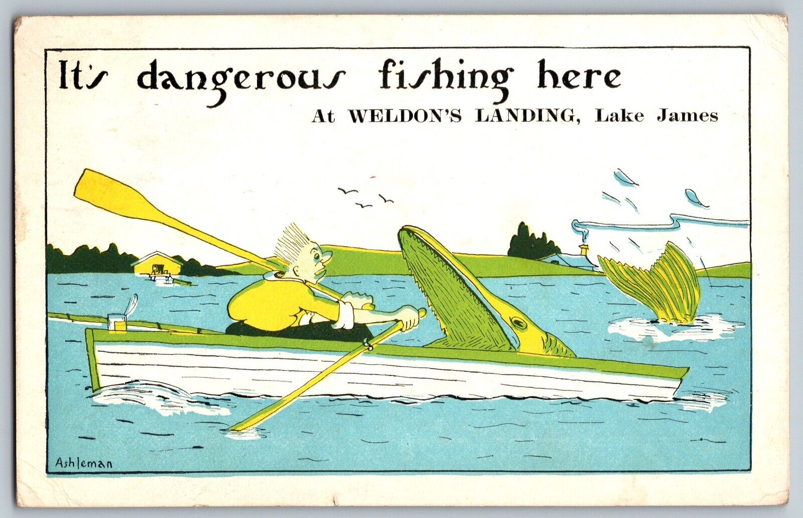 It\'s Dangerous Fishing Here at Weldon\'s Landing Lake James - Vintage Postcard