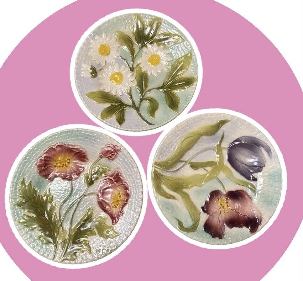 3 Vintage St Clement France Barbotine Marguerite, Poppy, And Iris Antique Plates
