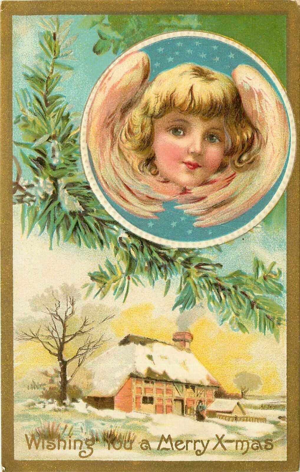 Wishing You A Merry Christmas Angel and Rural Winter Scene Embossed Postcard