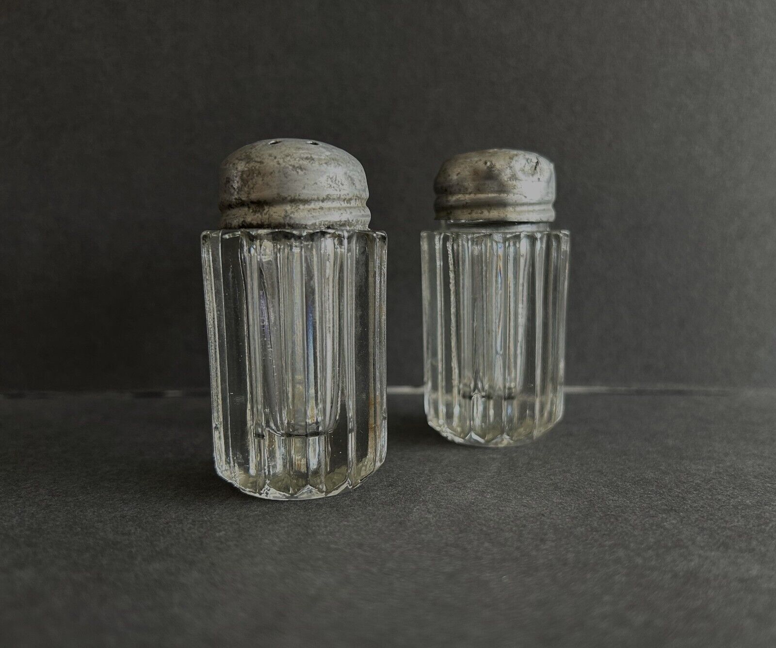 Hocking Queen Mary Vertical Ribbed Crystal Salt & Pepper Shakers Circa 1936-1949