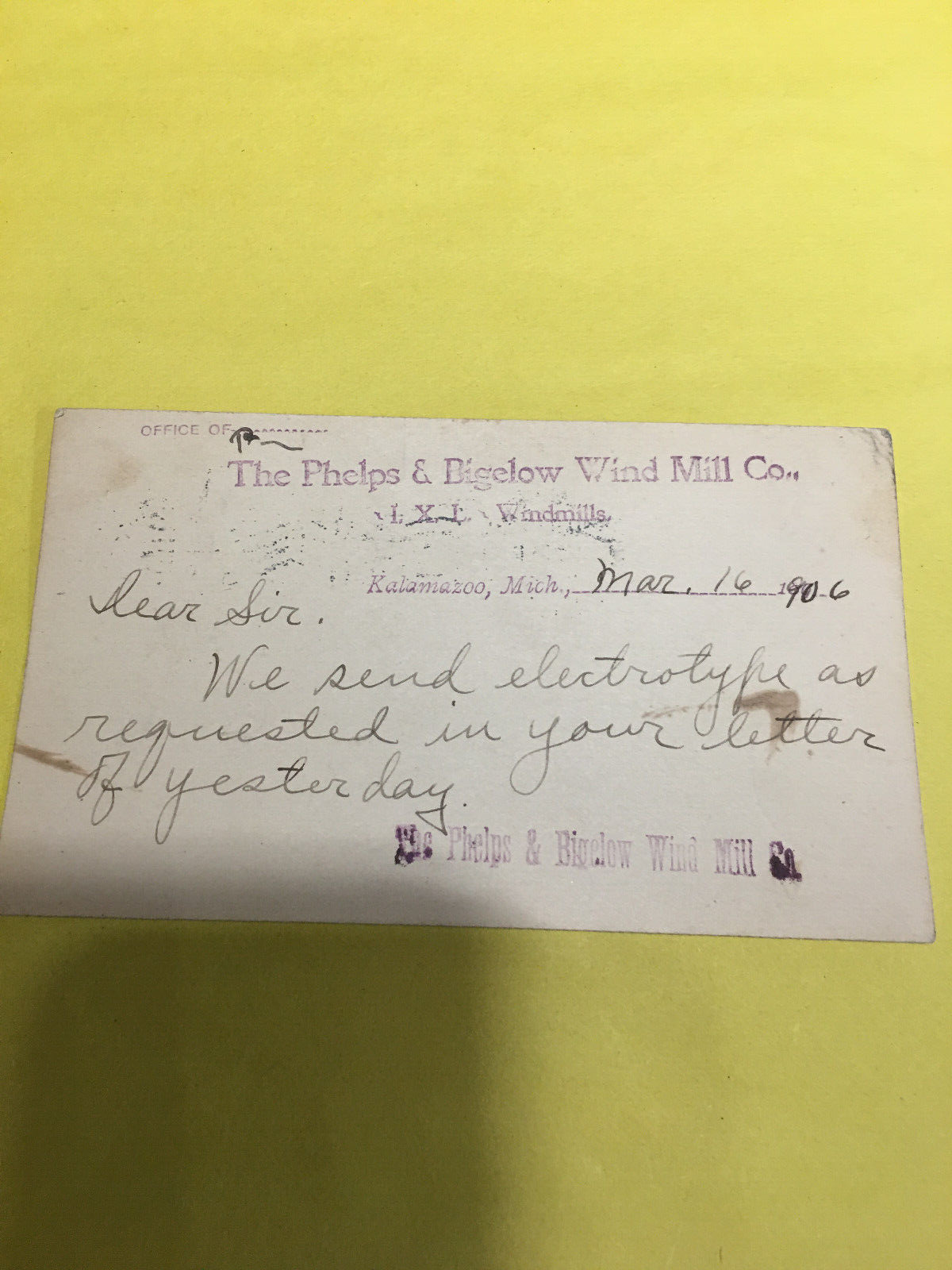 1906 THE PHELPS  & BIGELOW WIND MILL CO Kazoo Postcard to C W Dayton Paw Paw Mi