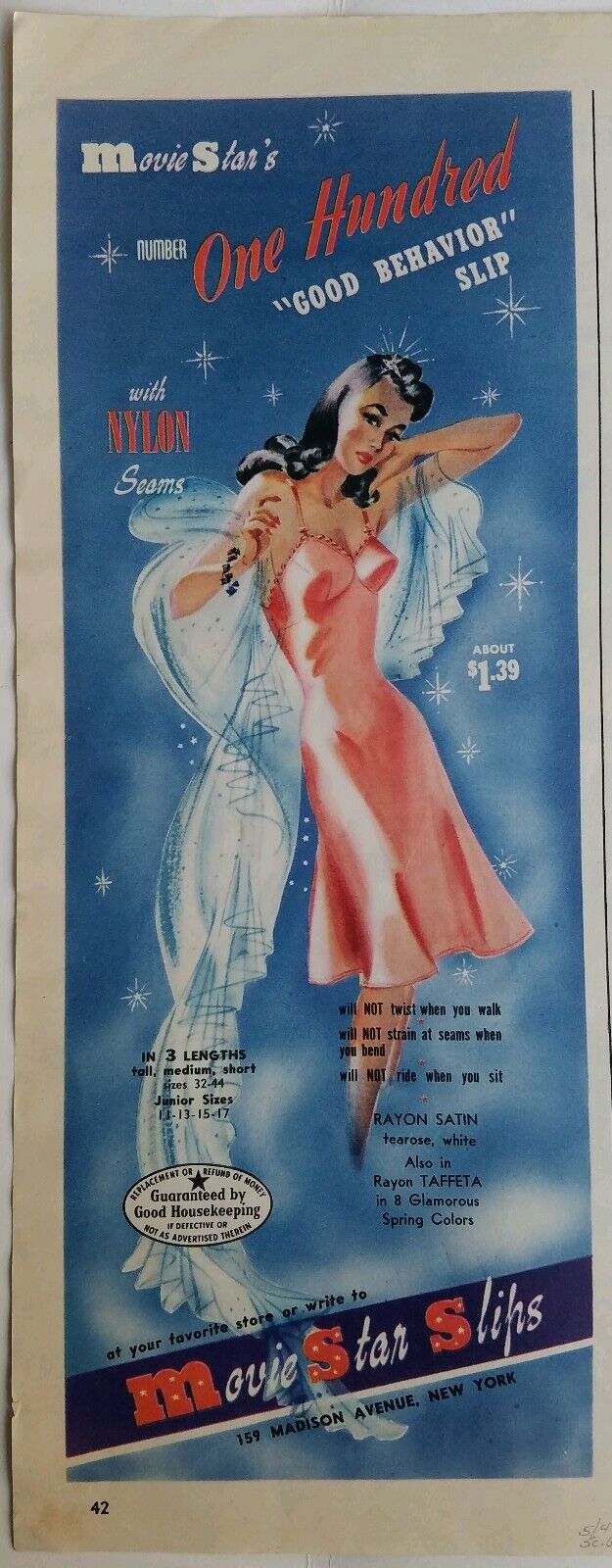 1942 Womens Movie Star Good Behavior Pink nylon seams slip vintage lingerie ad
