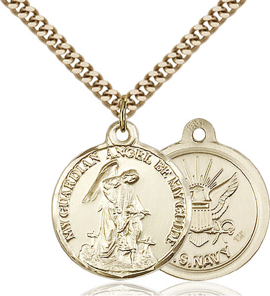 14K Gold Filled Guardain Angel Navy Military Soldier Catholic Medal Necklace