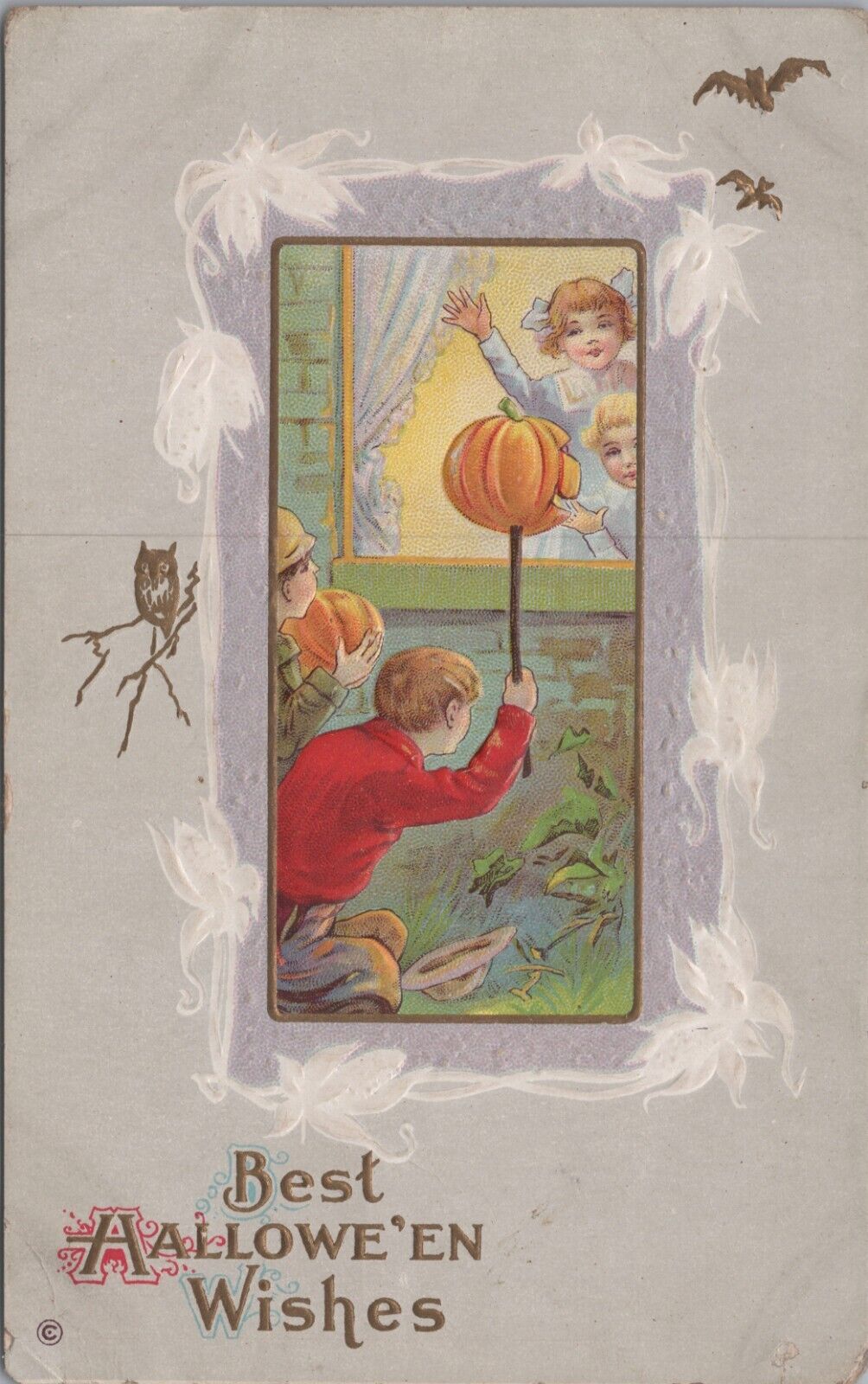 Postcard Whitney 1910s Halloween, Police Mouse & Black Cat Jack-o-Lantern 5726.2