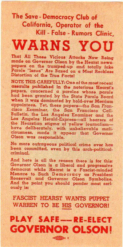 1942 California Governor Olson Flyer Attacks Warren and Hearst