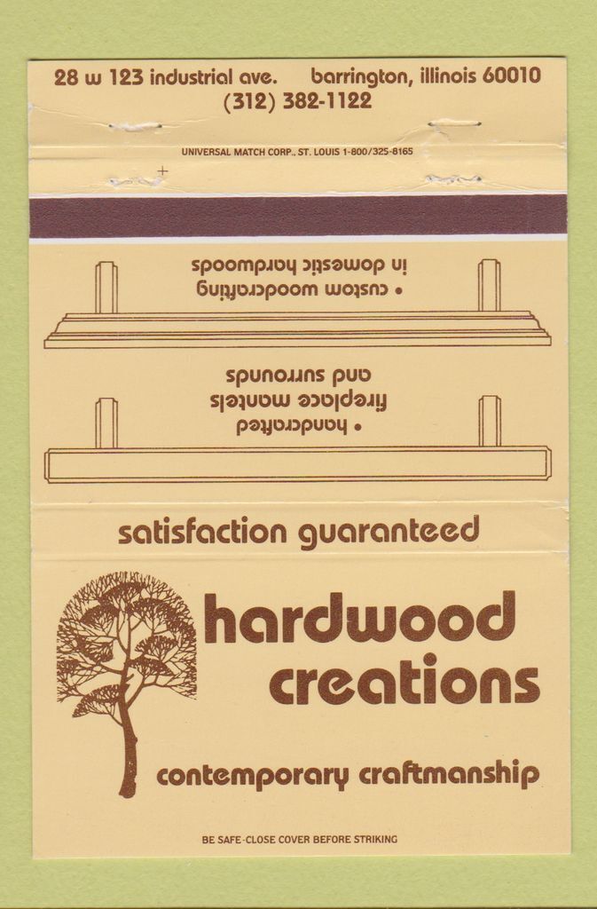 Matchbook Cover - Hardwood Creations shelves mantels Barrington IL 40 Strike