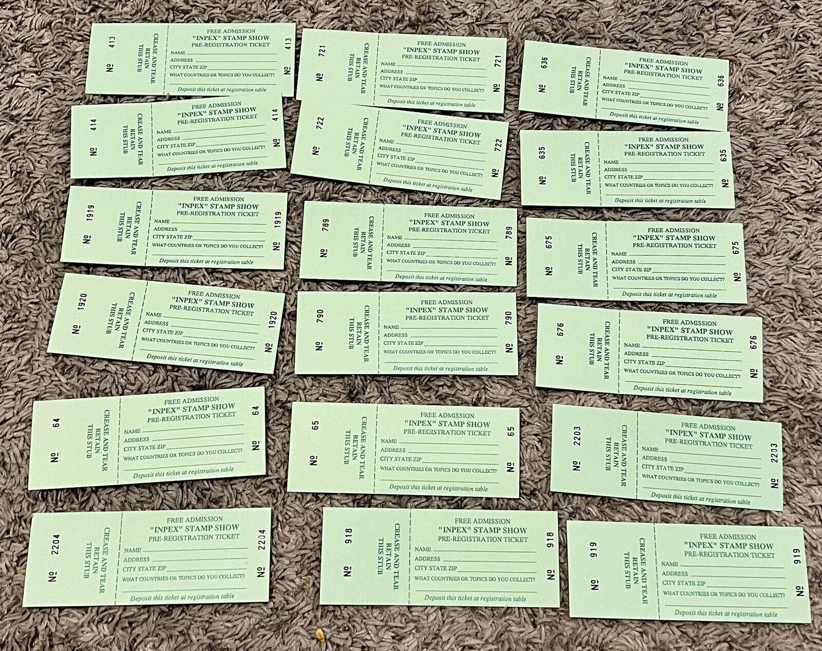 1990-91 INVESTOR LOT OF 18 GREEN UNUSED TICKETS FREE ADMISSION INPEX STAMP SHOW