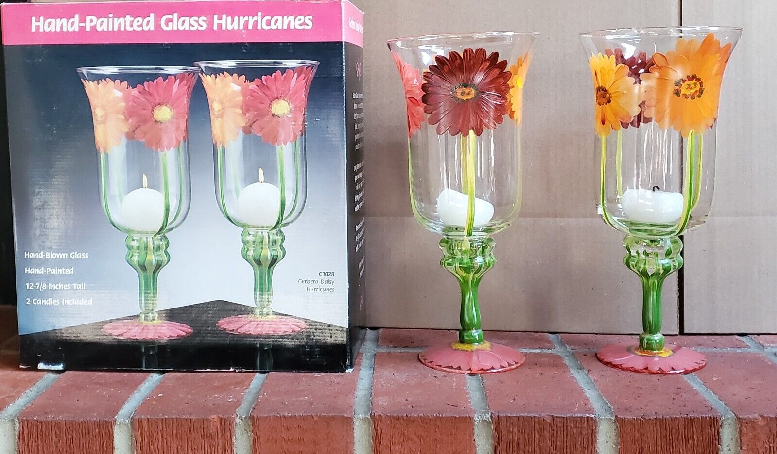 Vintage CENTRUM 2pc. Hand Blown and Painted Glass Candle Hurricanes - Set 3 of 4