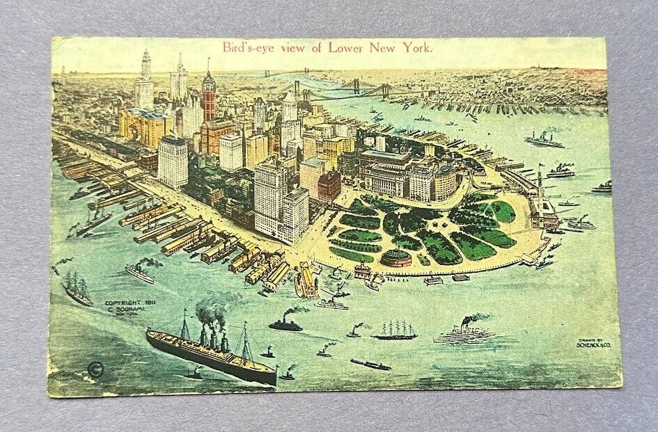 Postcard, Bird\'s-Eye View of Lower New York Manhattan 1915 Battery Park, Ships