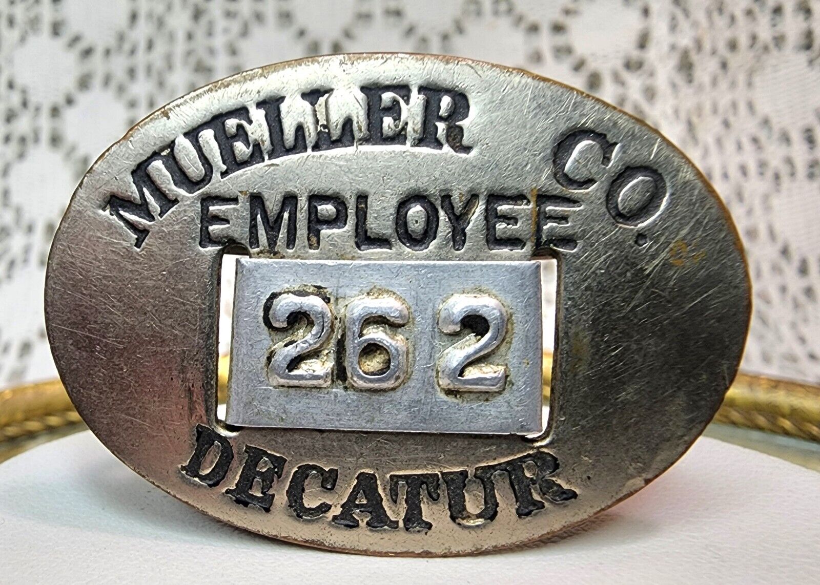 Vintage Mueller Co. Decatur,IL Employee Badge  Silver Over Brass Non Magnetic