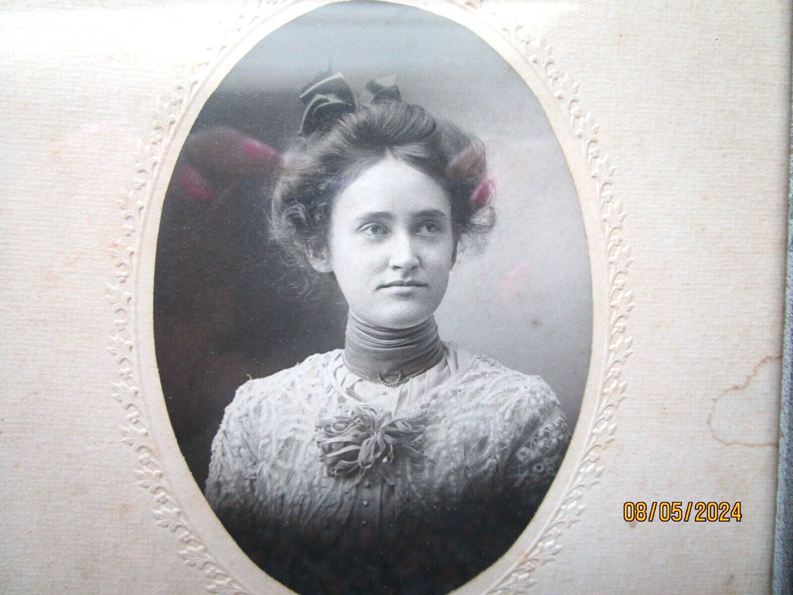 Antique Black & White Victorian Woman with Bows Photo Portrait in Frame