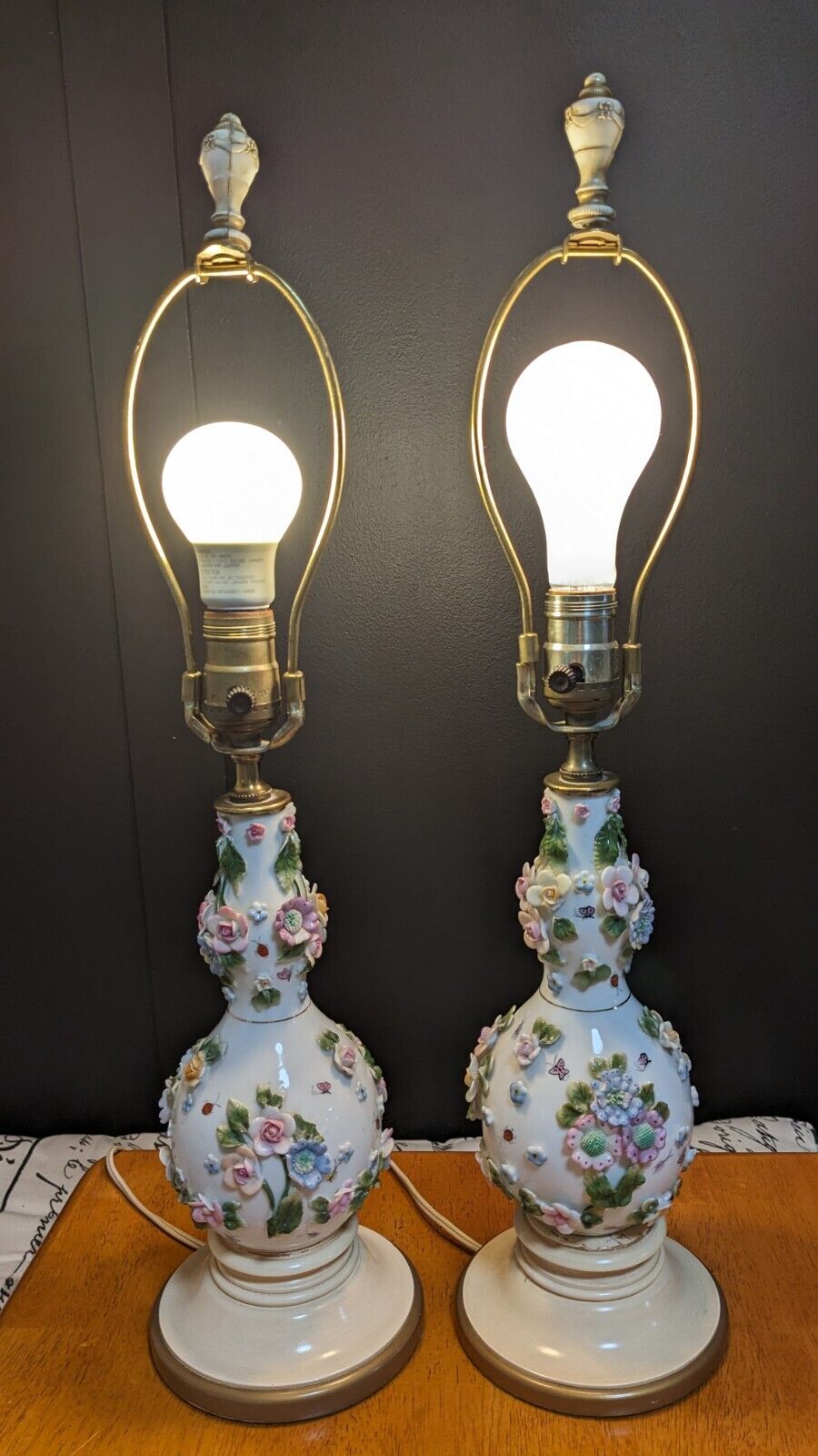 Pair Of Italian White Porcelain Lamp with Colorful Flowers, Leaves 23\