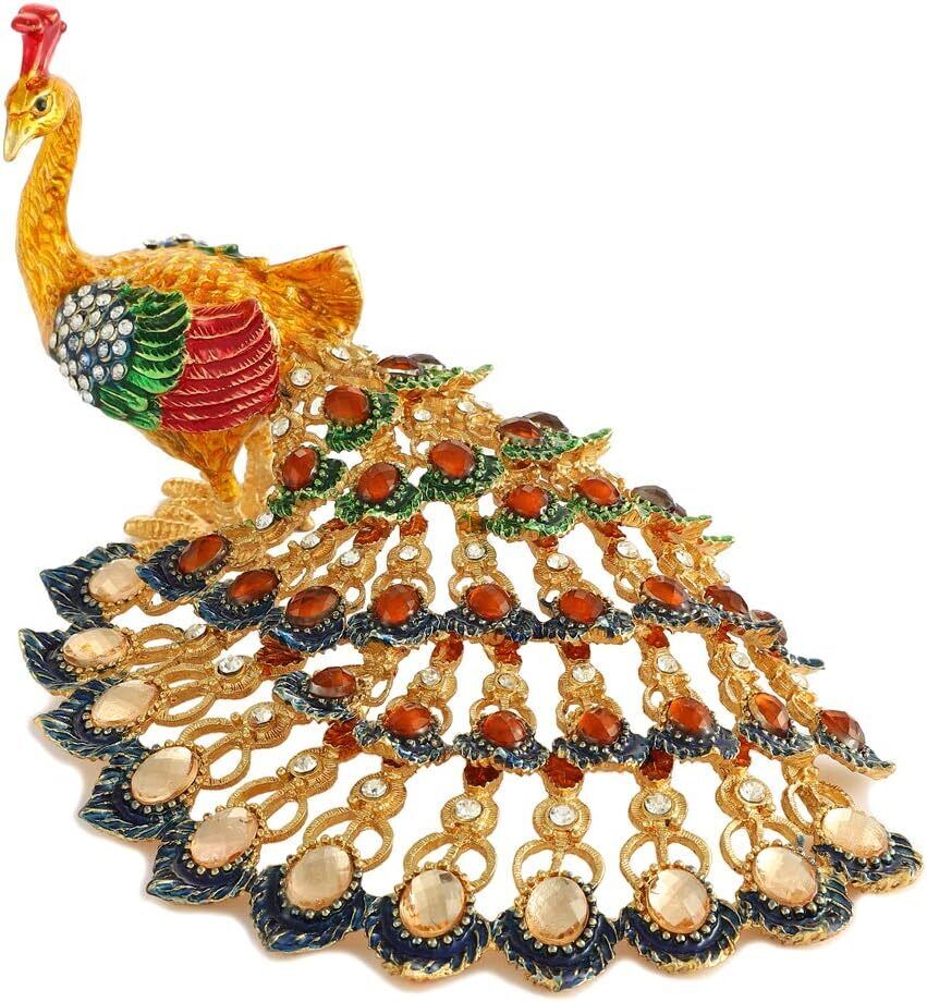 Bejeweled Enameled Animal Trinket Box/Figurine With Rhinestones - Peacock