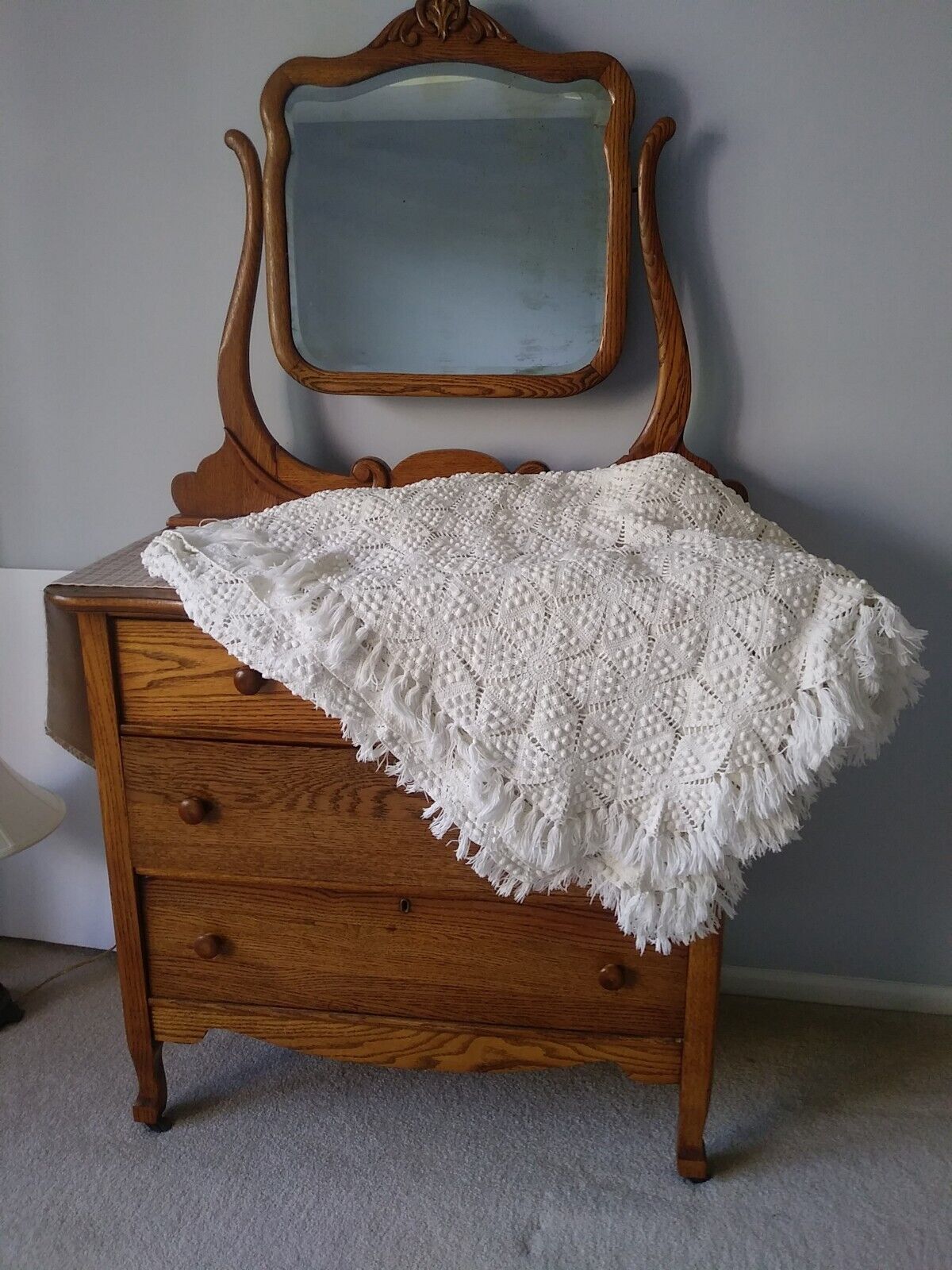 Vintage Handmade Crochet Bedspread Coverlet Floral w/Popcorn Cottage Core EUC