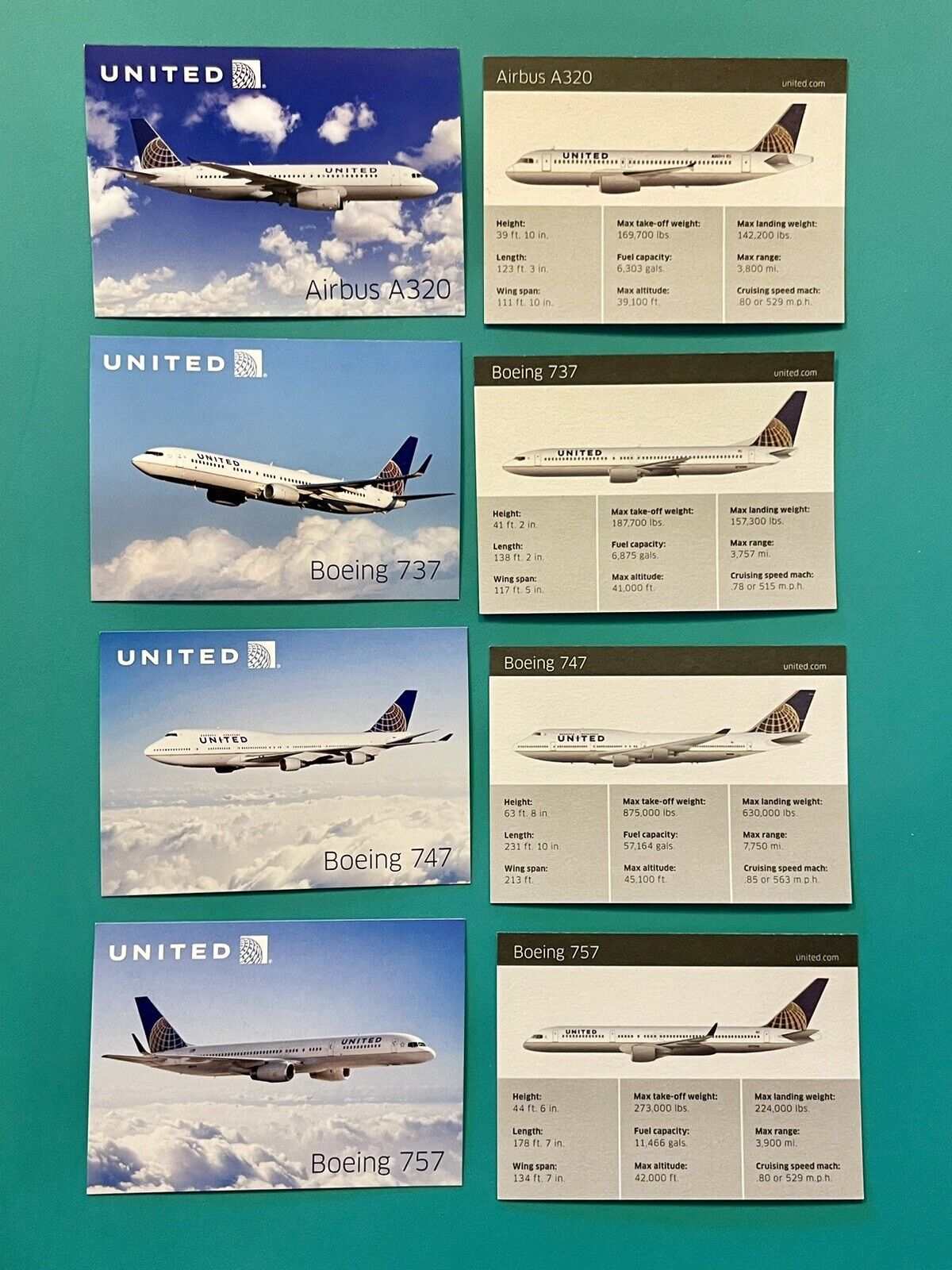 7 UNITED AIRLINES FLEET COLLECTORS CARDS INCLUDING THE 747