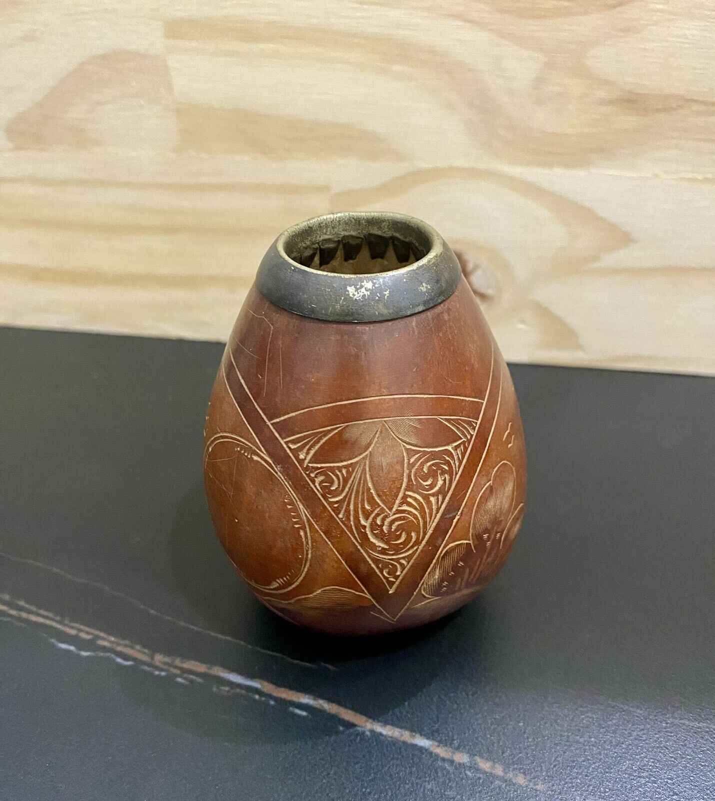 Vintage Leather Clad Vase Asian Etched Handmade Tiny