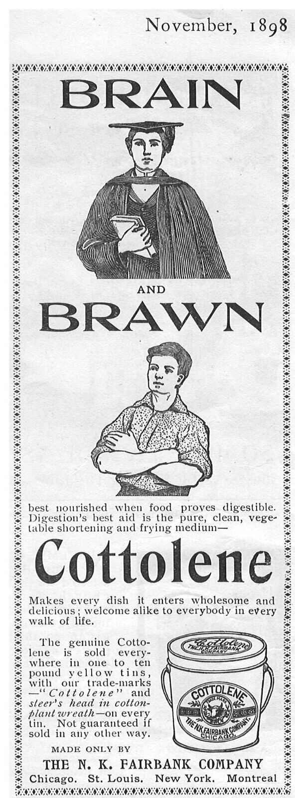1898 BRAIN AND BRAWN COTTOLENE ~ N.K. FAIRBANK COMPANY VINTAGE AD