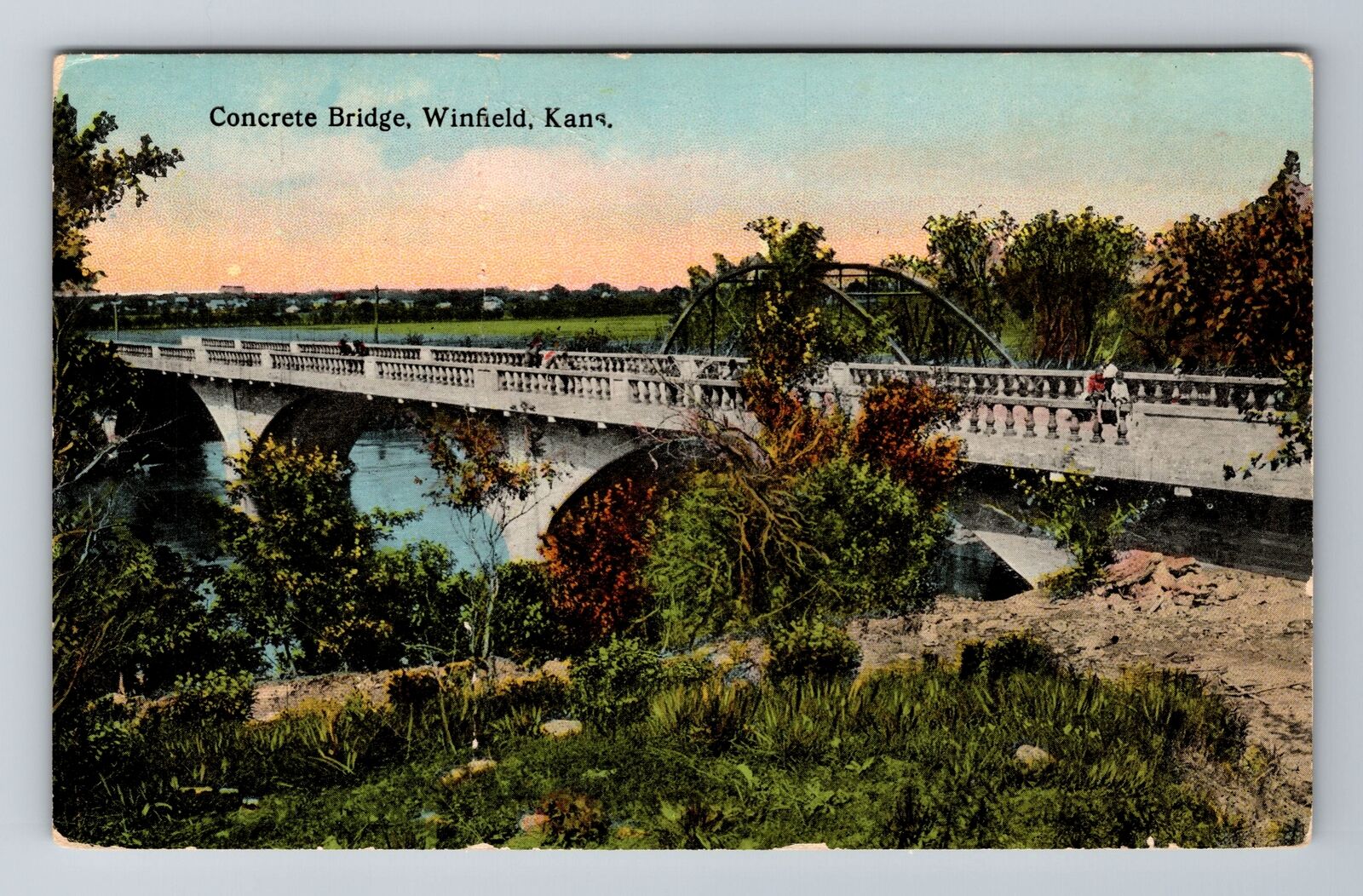 Winfield KS-Kansas, Concrete Bridge, Antique Vintage Souvenir Postcard