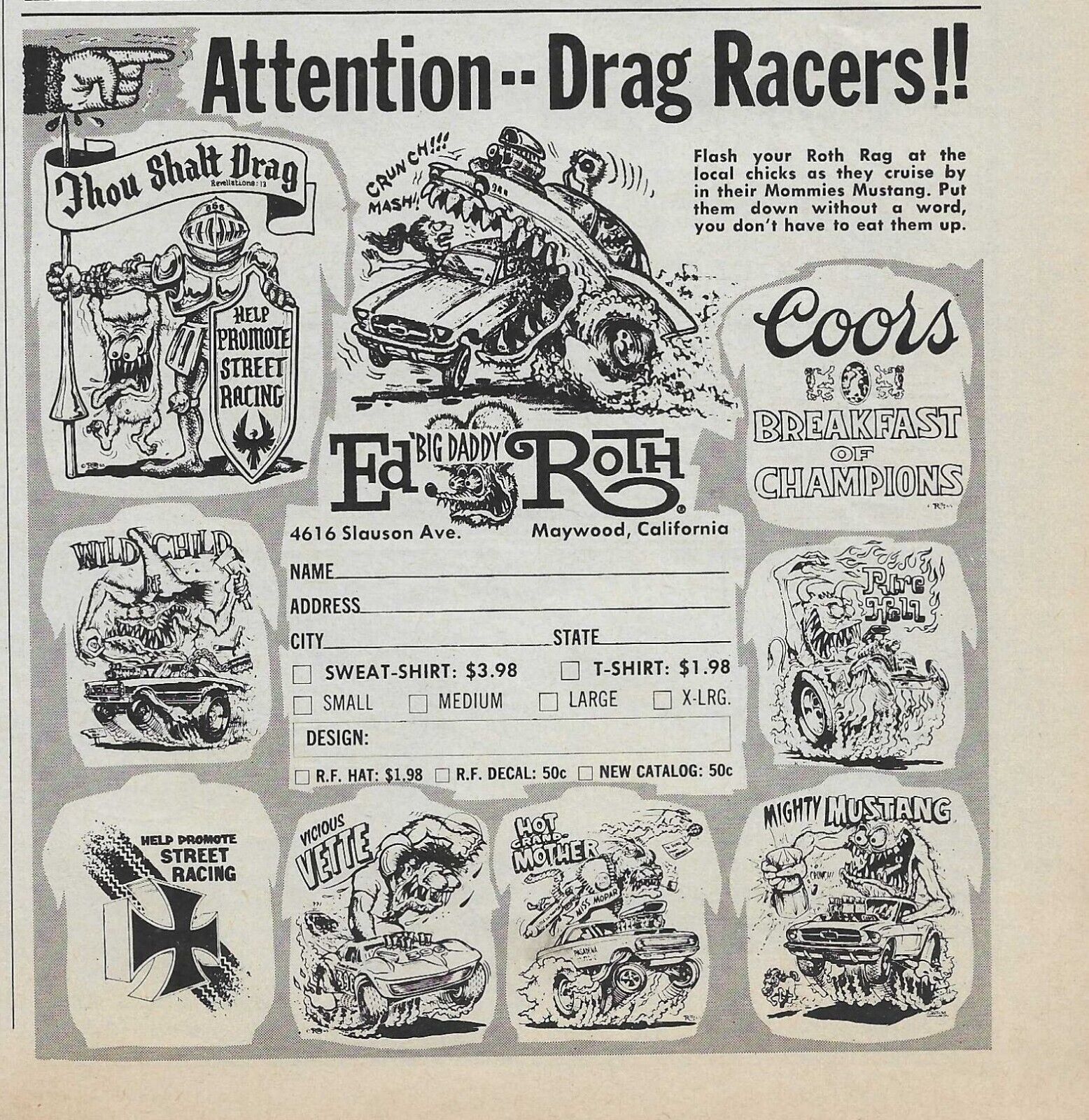1965 Big Daddy Ed Roth Magazine Ad T-Shirt Wild Child Fire Ball Vicious Vette 65