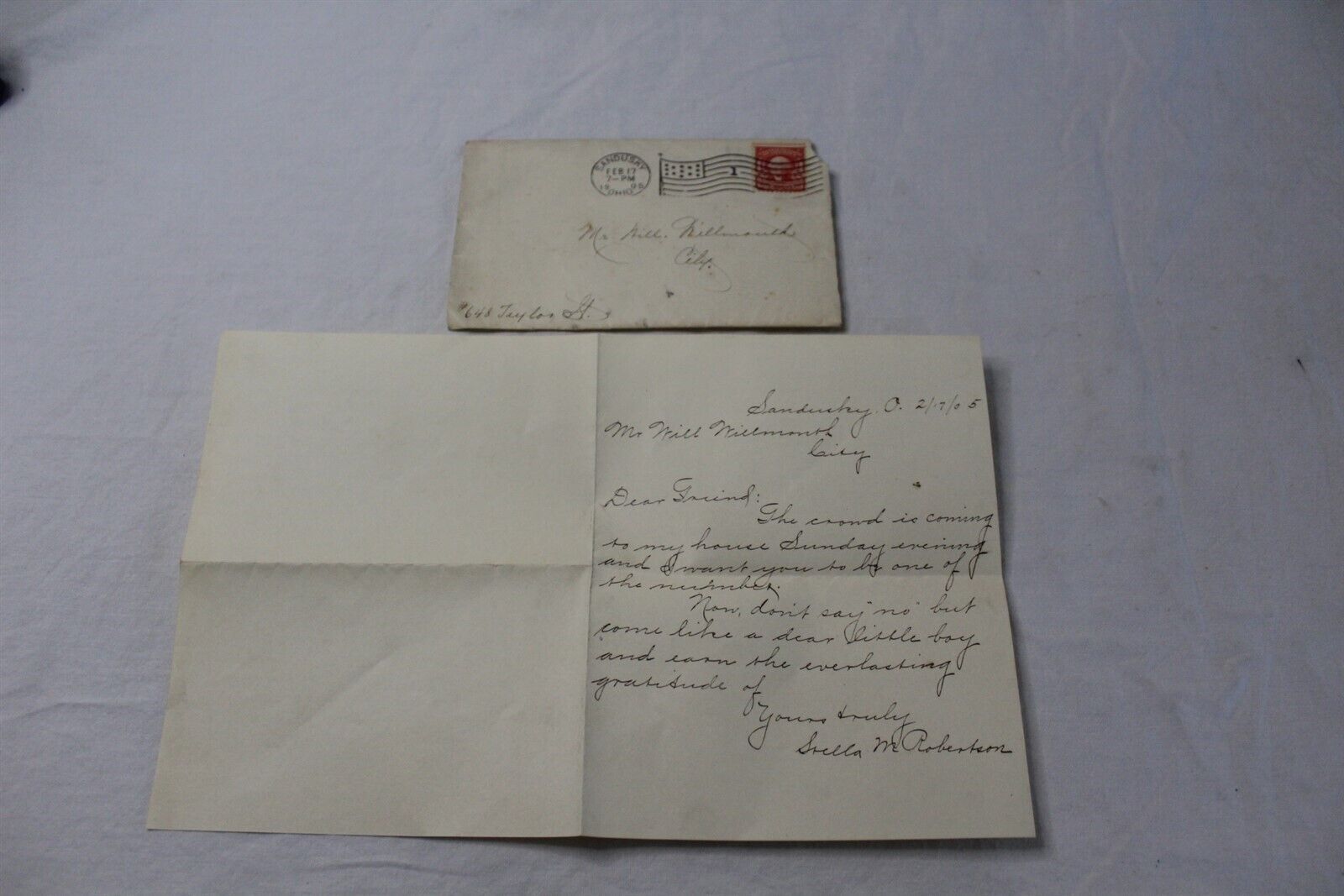 Antique Handwritten Note With Postmarked Envelope Feb. 17 1905 Sandusky, OH