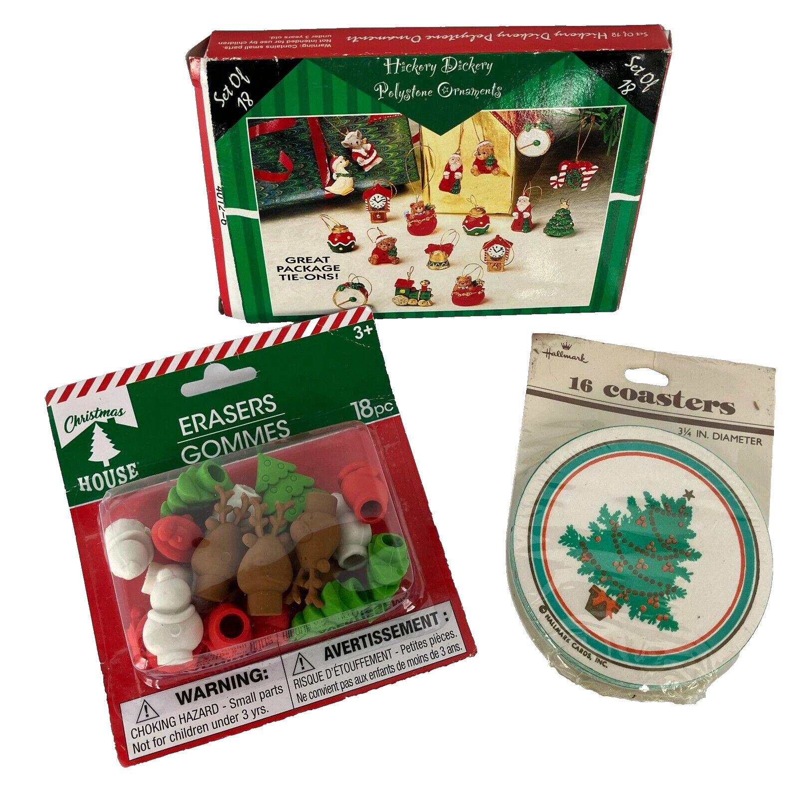 VTG Lot Christmas 18 Mini Package Tie-Ons Hallmark Coasters 18 Erasers Sealed -3