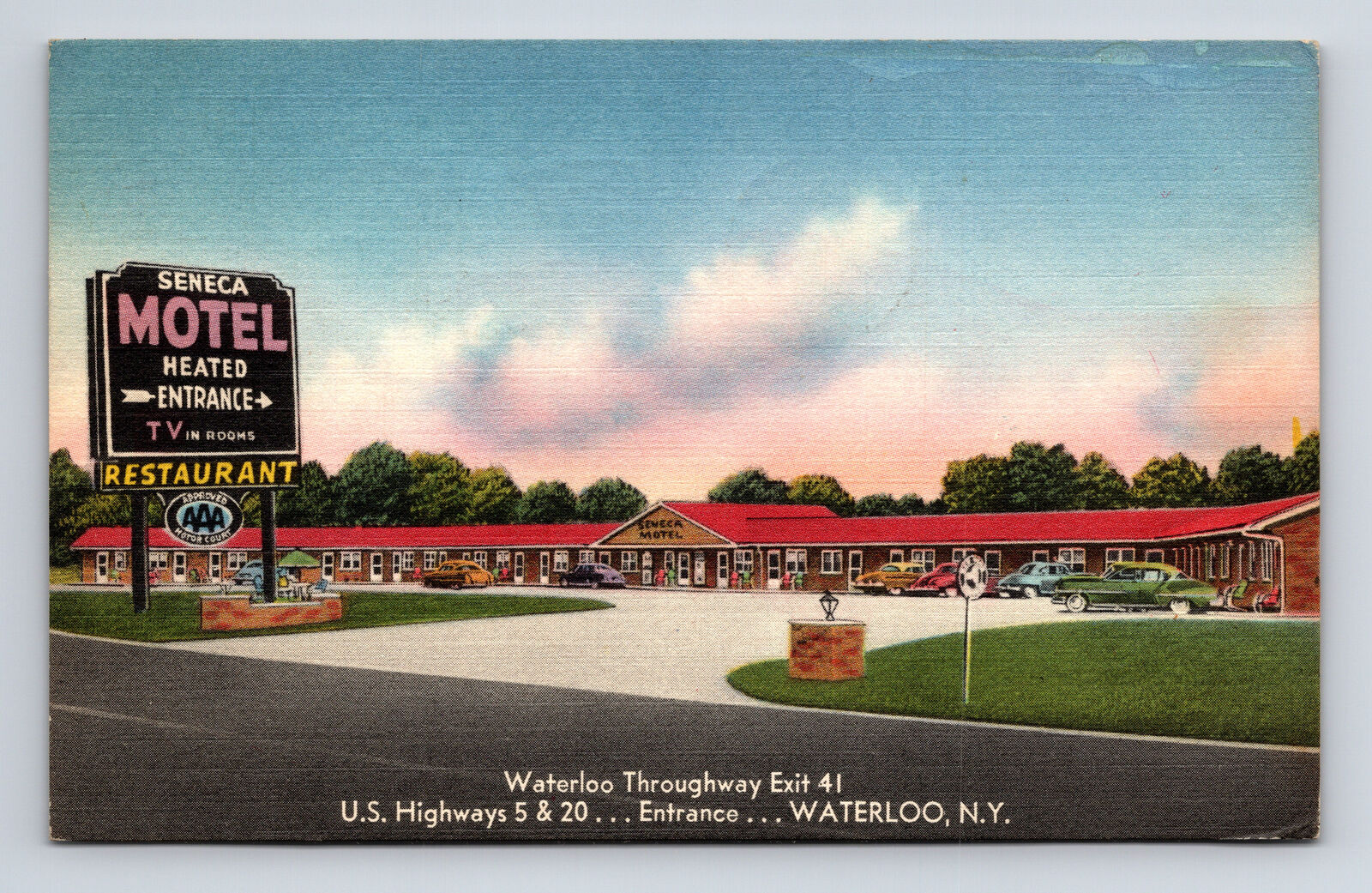 c1957 Seneca Motel US Hwy 5 & 20 Waterloo New York NY Roadside America Postcard
