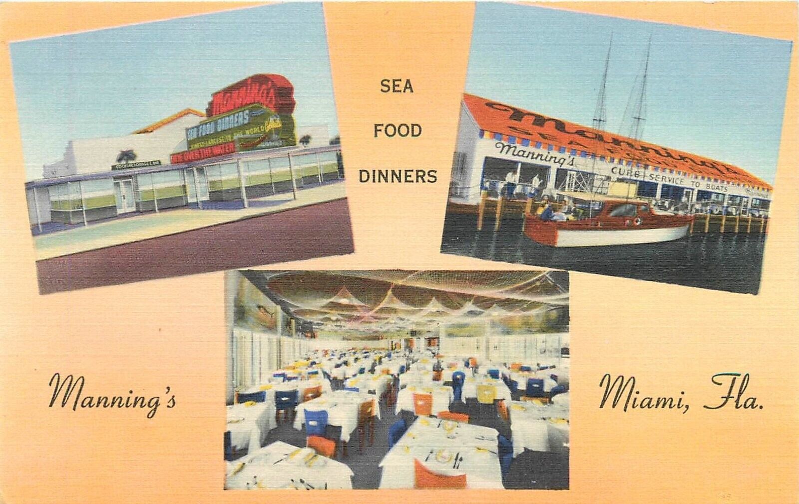 Postcard 1940s Florida Miami Manning\'s Restaurant Interior Linen  23-13546