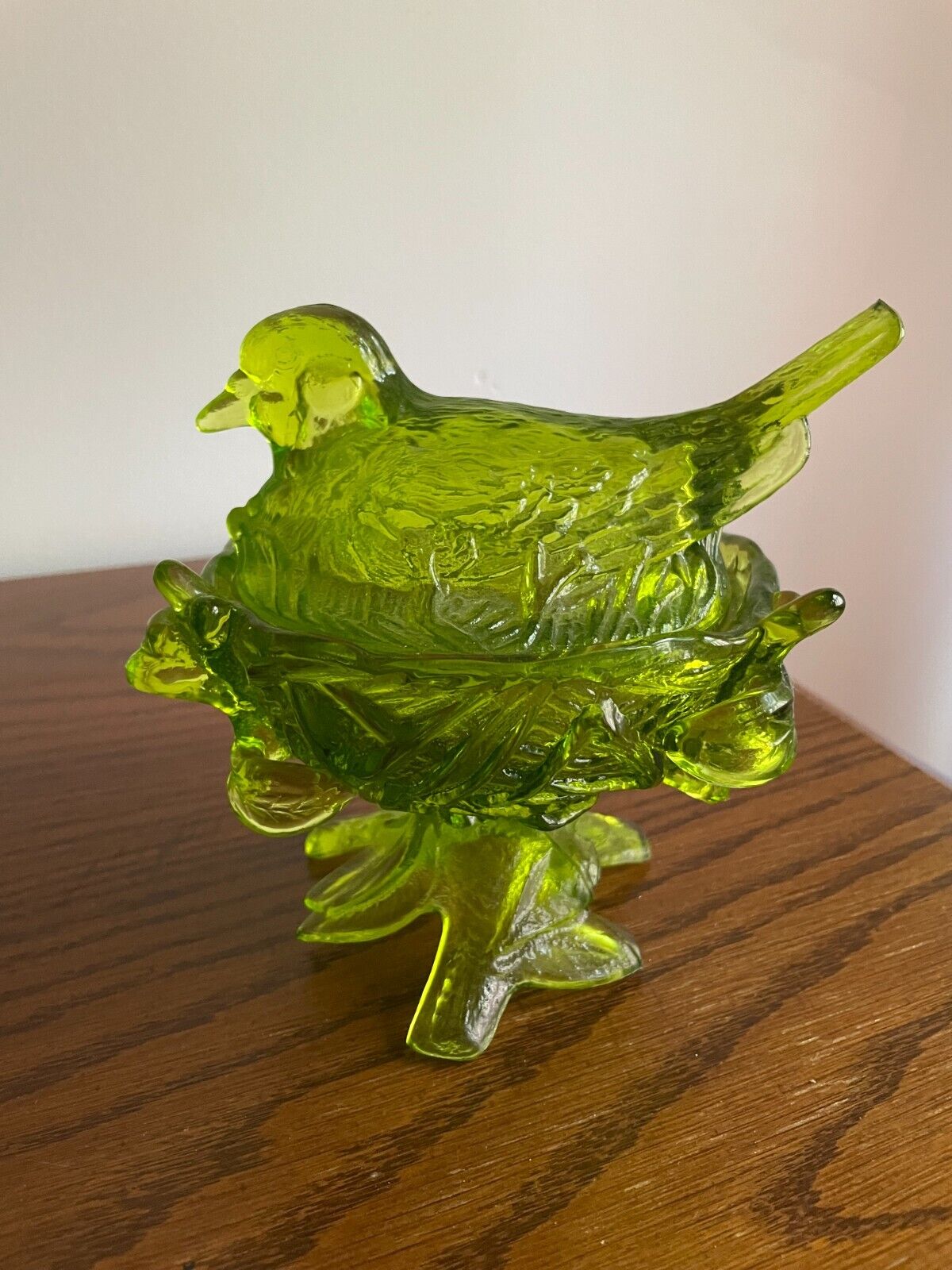 Vintage Westmoreland Frosted Satin Green Footed Bird On Nest Candy Dish