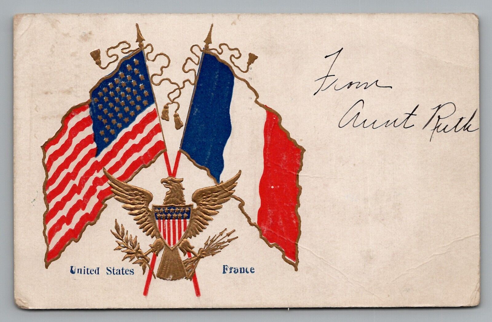 Patriotic United States and France Flags Media PA 1908 Cancel U.S. Allies