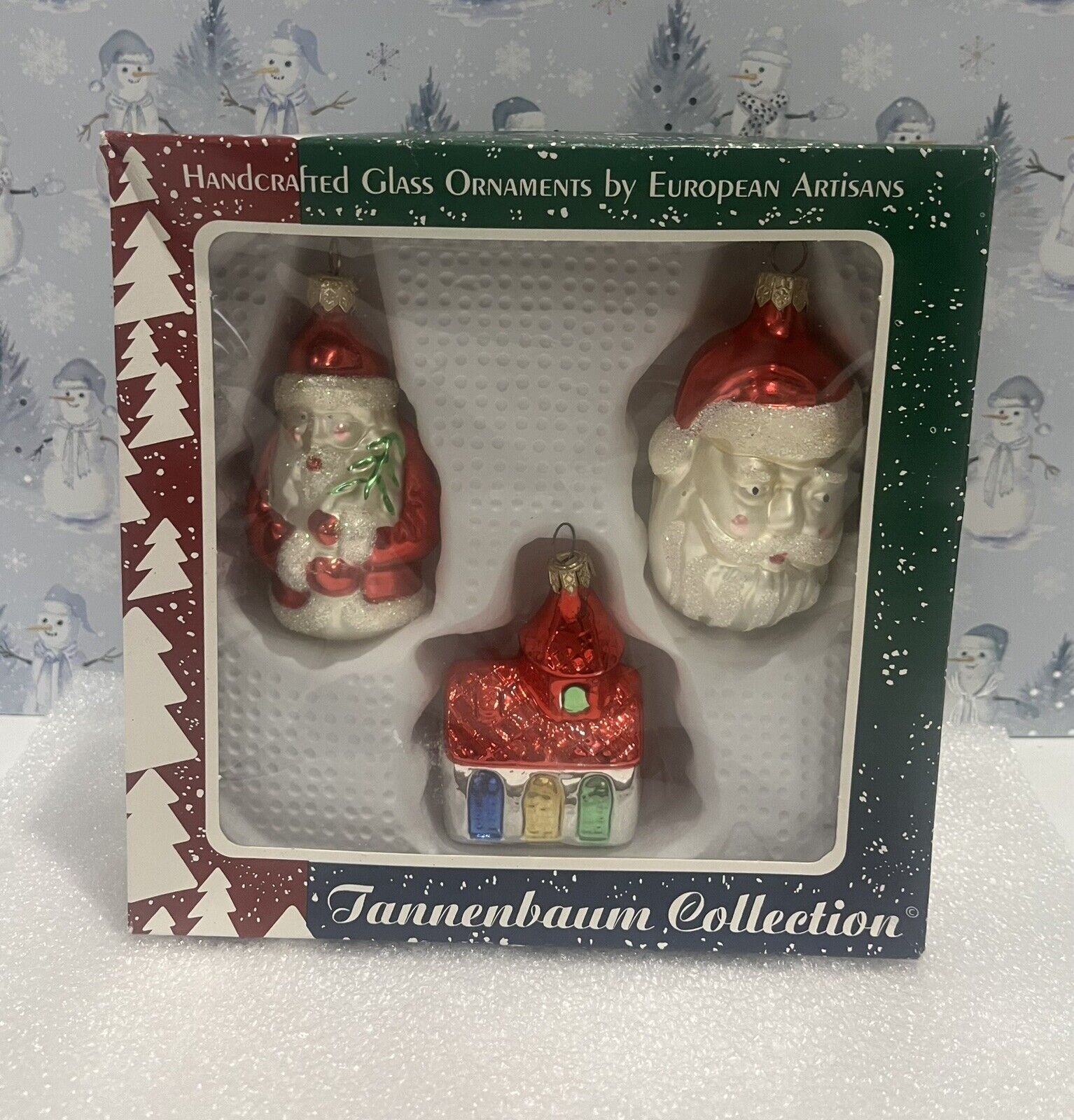 Vintage Handcrafted European Glass Christmas Ornaments Two Santas, Church