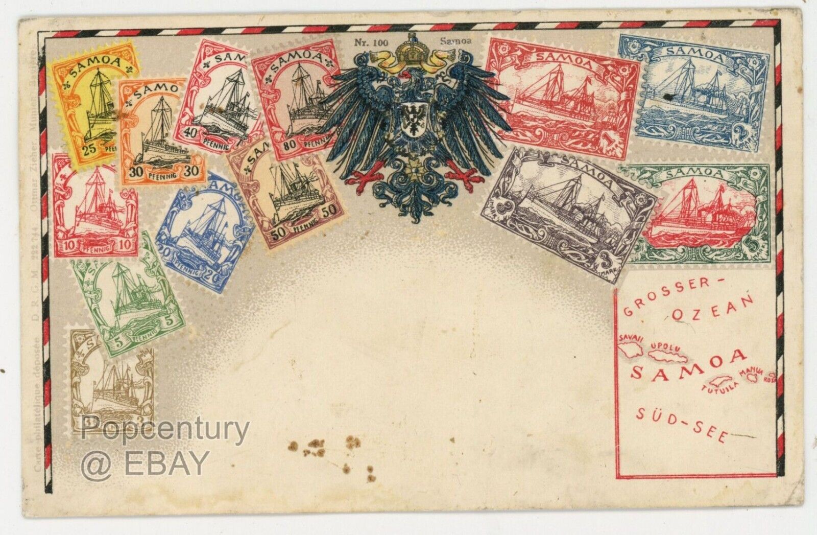 Vintage Postcard 1910s Samoa Montage Postal Stamps Embossed Lithograph Germany