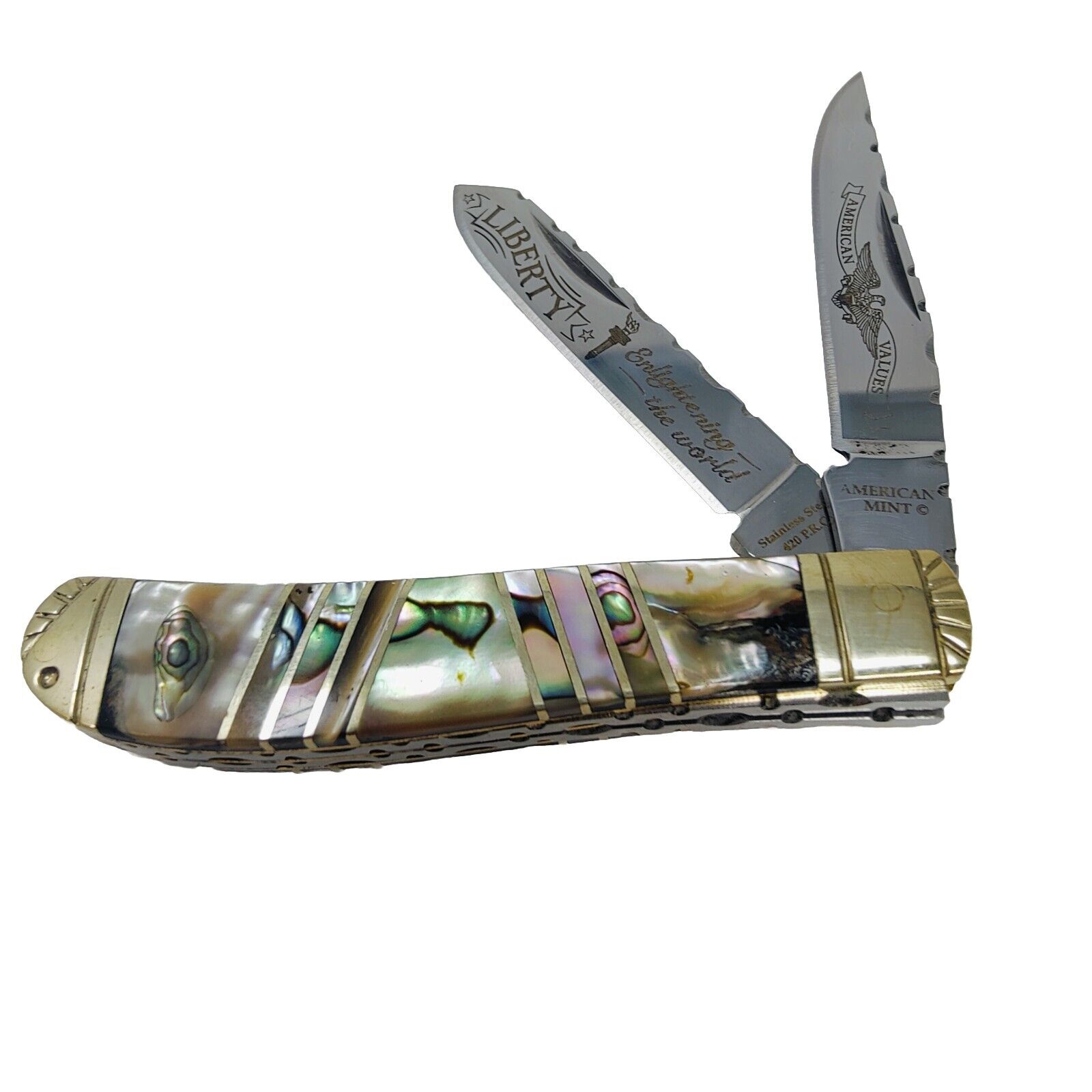 American Mint Liberty Trapper knife inlaid with genuine Abalone.