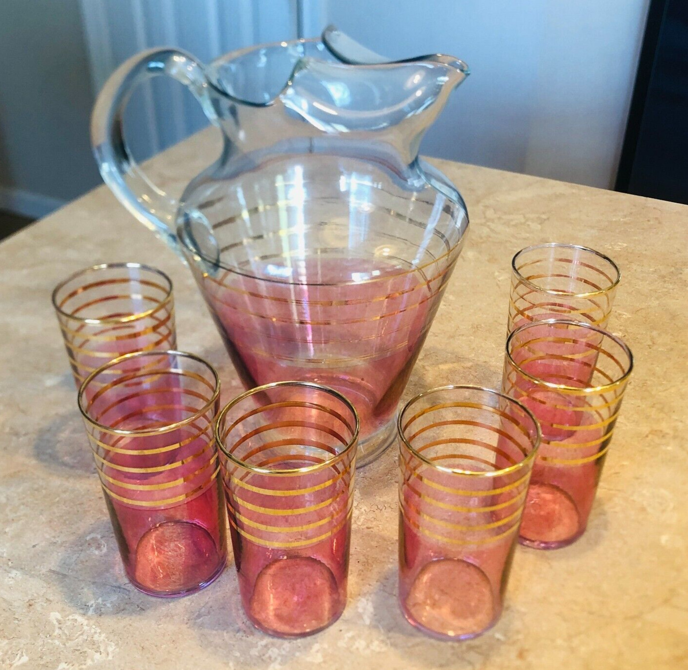 vtg MCM Pink & Gold cocktail pitcher W 6 drinking glasses barware