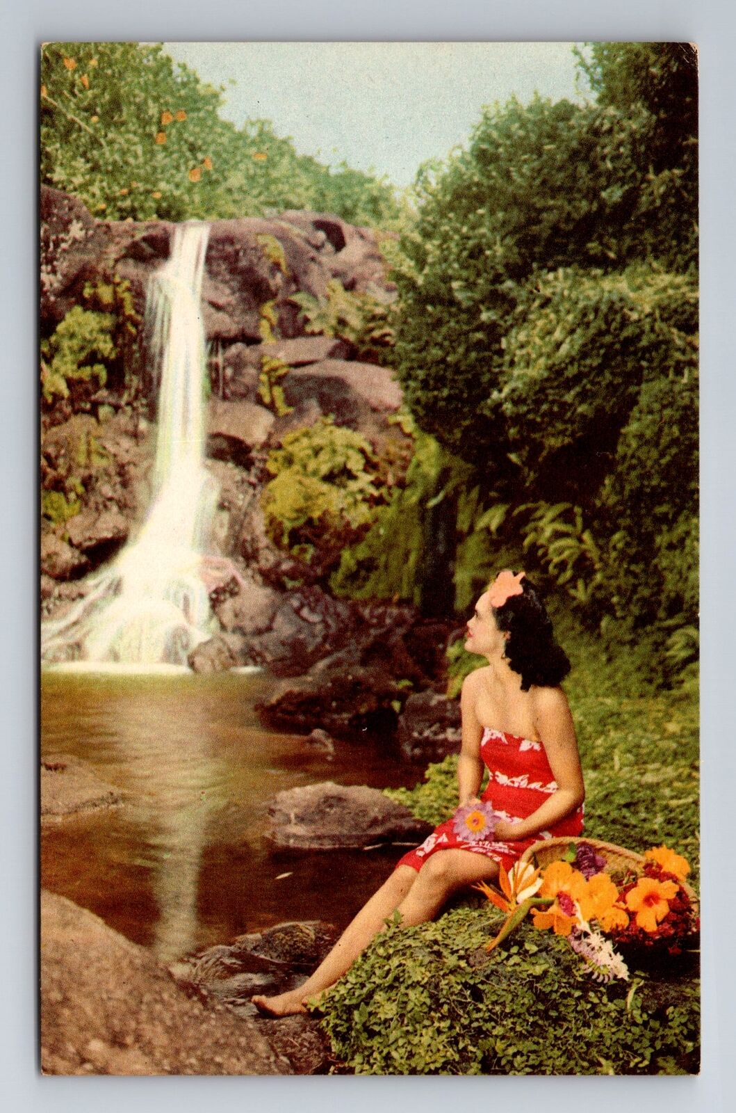 Island Girl Beauty By A Waterfall In Hawaii Antique, Vintage Postcard