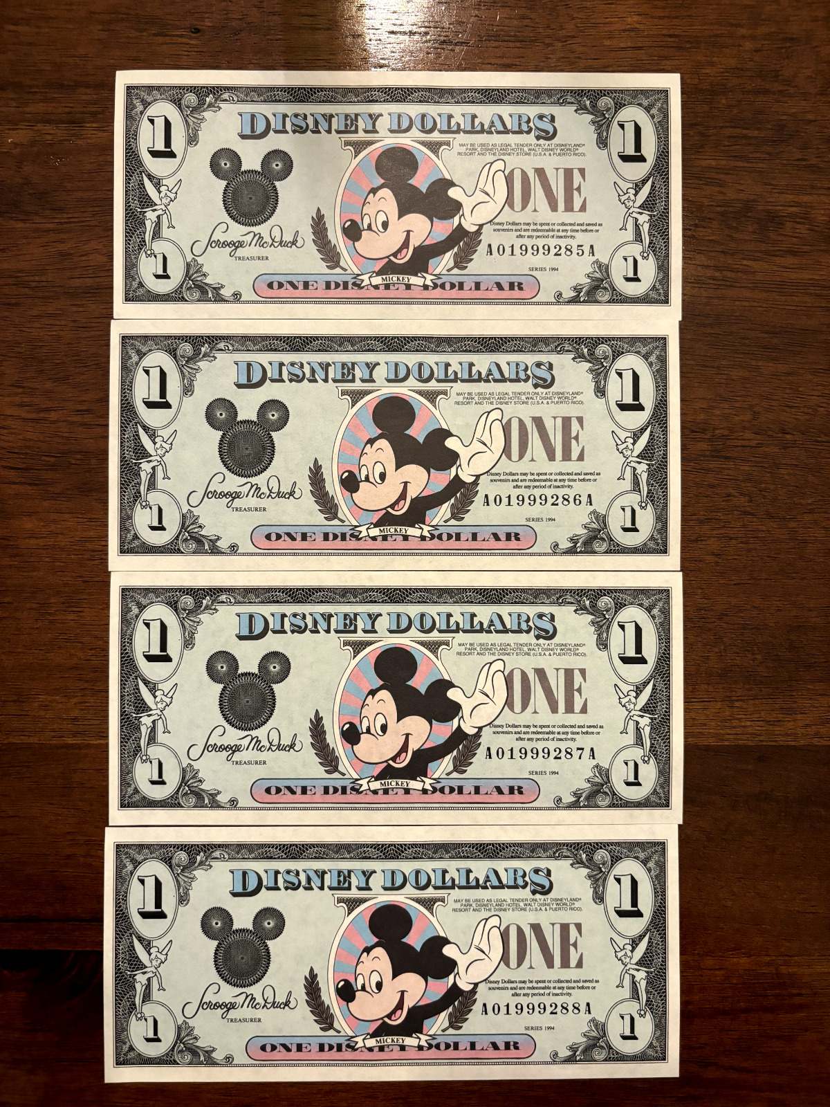 1994 Series A Sequential Mint Condition Disney Dollars - Portion to Make A Wish