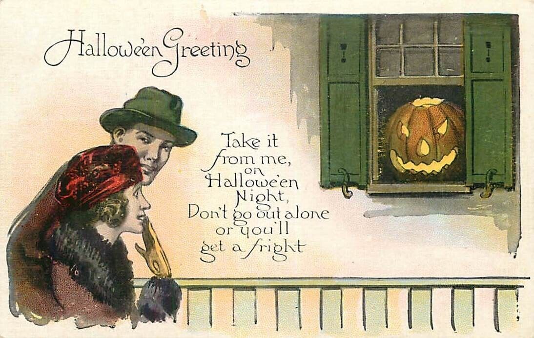 Halloween Postcard Couple Sees Jack-o-Lantern in Window