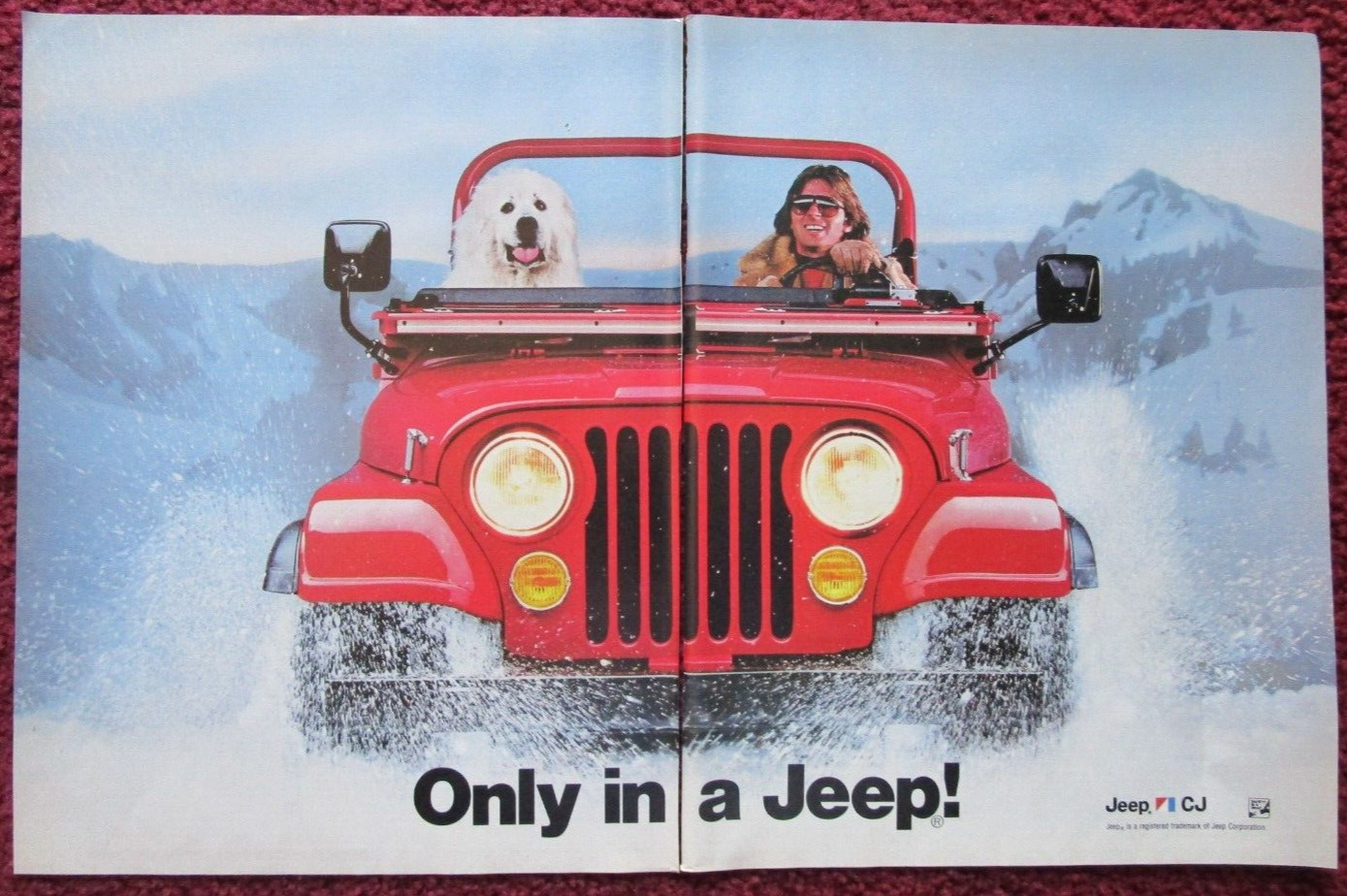 1983 AMC JEEP CJ LAREDO Print Ad ~ Red Jeep, Mountain Snow, Shaggy Dog Passenger