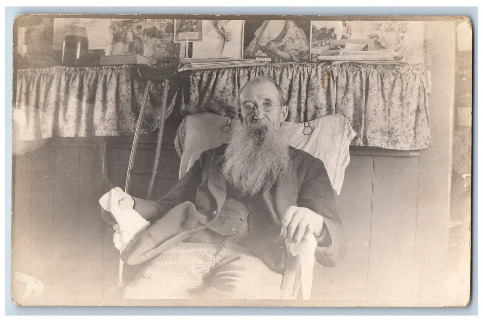 Old Man Postcard RPPC Photo Giant Beard Crutches Victorian Interior Candid