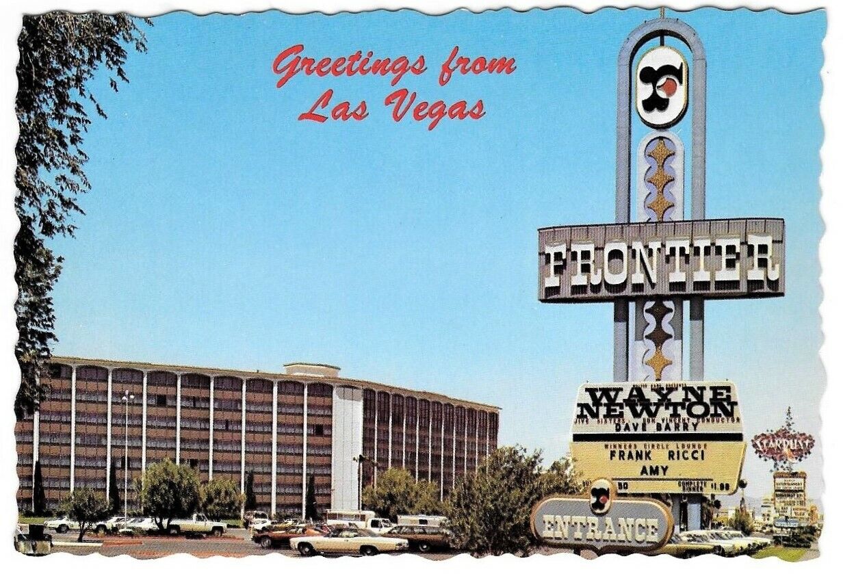 Frontier Las Vegas Hotel Casino postcard Wayne Newton Jive Sisters Barry Marquee