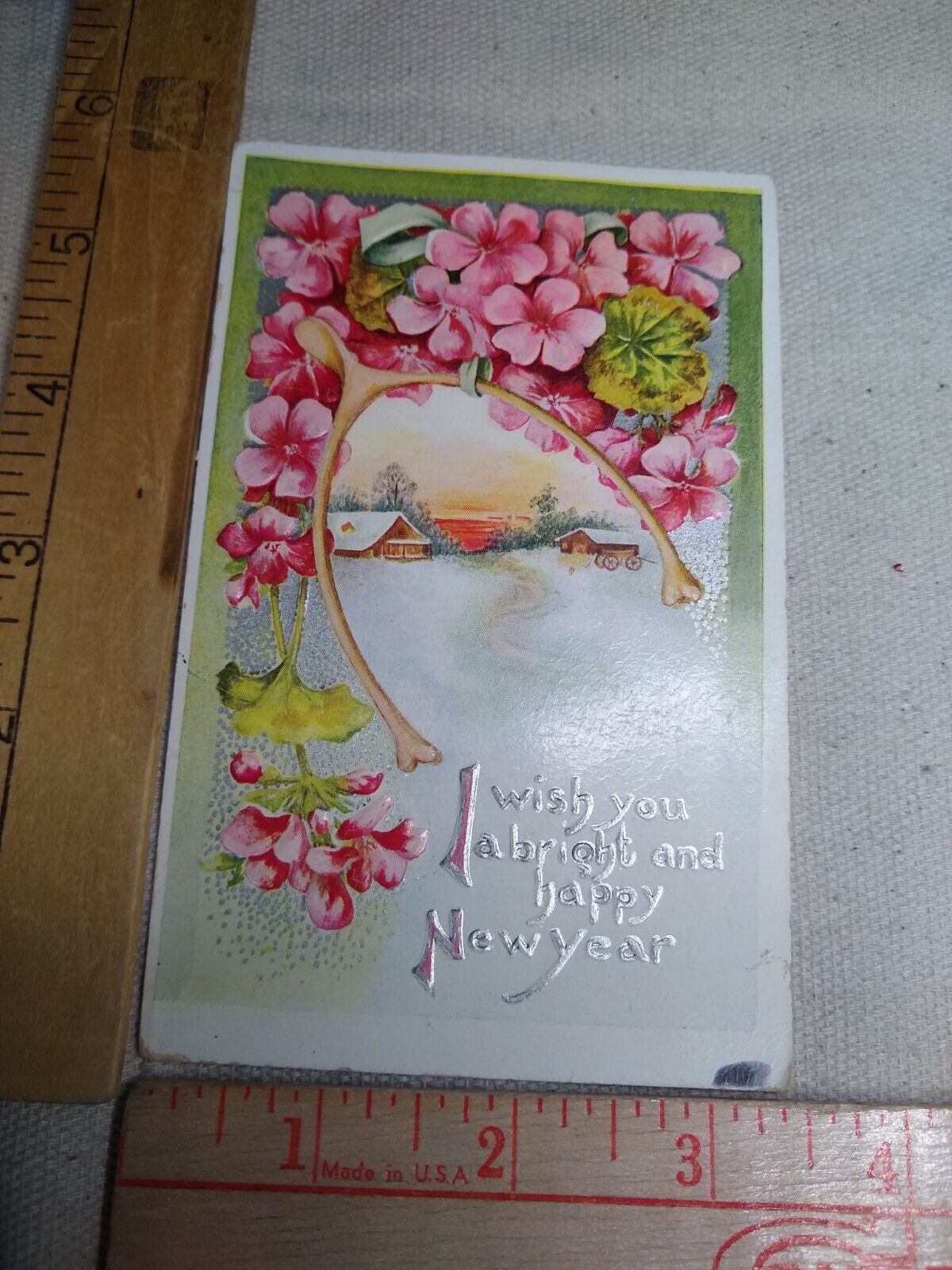 Postcard - Embossed Flowers, Wish Bone & Snow Scene Print - New Year Greetings