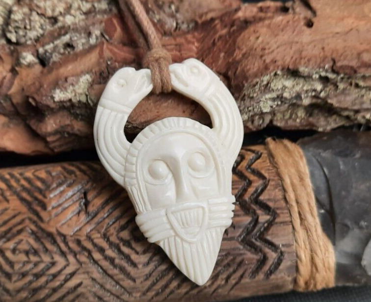Viking Age Motif Allfather God Odin Charm Necklace, bone carving, handmade
