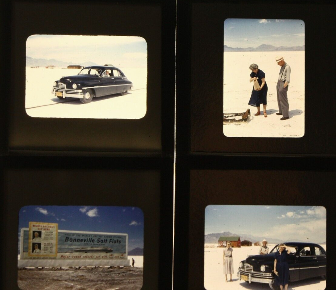 4 Vintage Bonneville Salt Flats Glass encased 35mm slides. 1950's